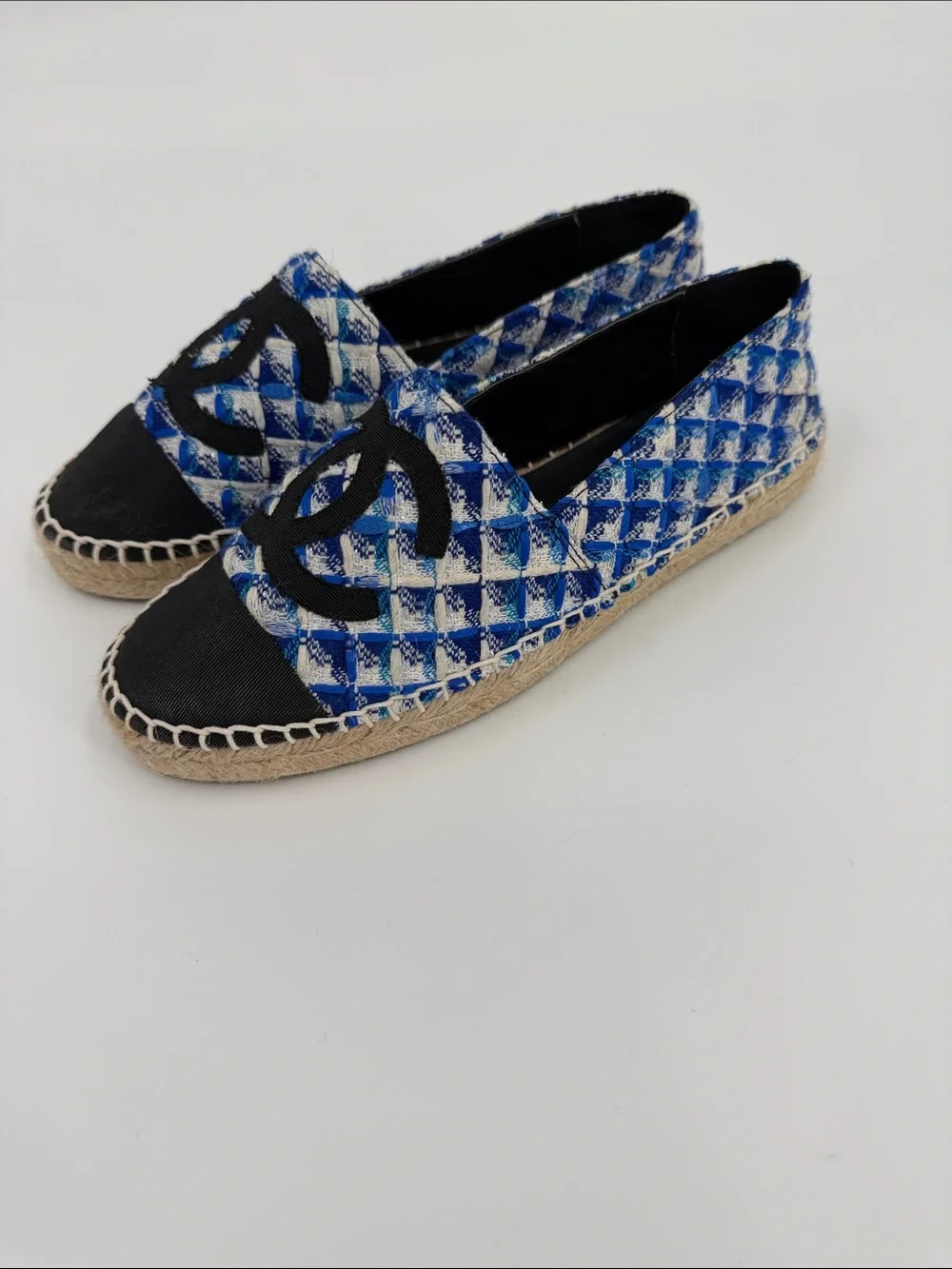 Blue and White Tweed Espadrilles with Black Cap Toe